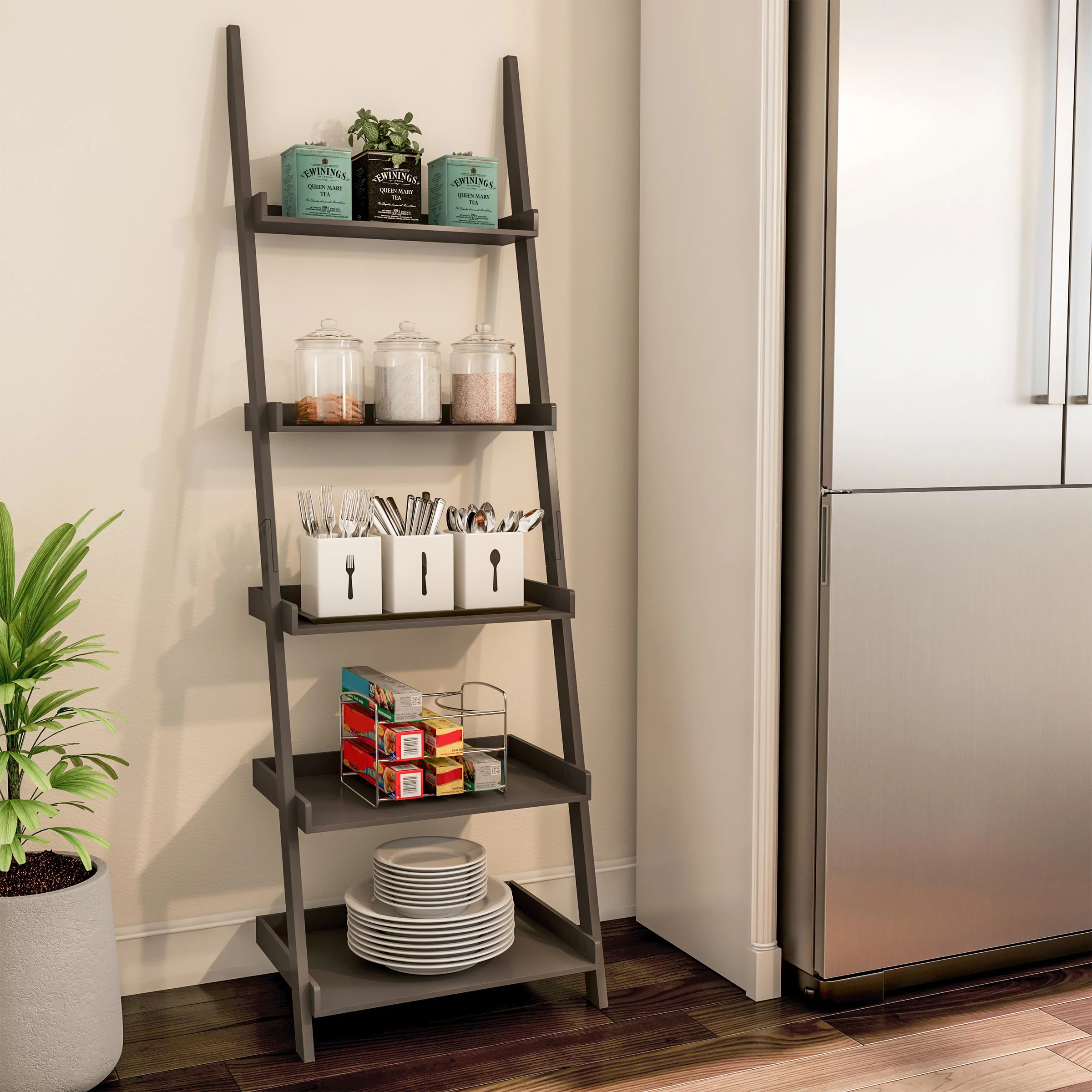 Ladder Bookshelf- 5 Tier Leaning Decorative Shelves for Display-Slate Gray Shelf Stand-Living Room Bathroom & Kitchen Shelving by Lavish Home - Image 5