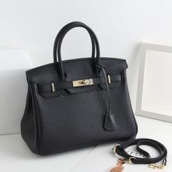 KAMUGO Leather Handbag for Women , Ladies Shoulder Bag Fashion Classic Lychee Pattern First Layer Cowhide Top Handle Satchel – black
