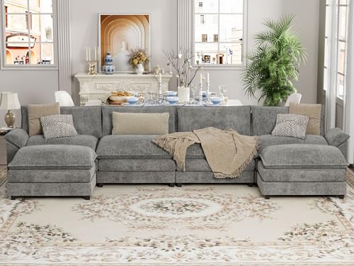 YESHOMY Sectional Modular Sofa U Shaped Chenille Fabric Couch with High Supportive & Soft Sponges and Removable Ottoman, Sleeper Comfy Upholstered Furniture for Living Room, Grey - Image 5