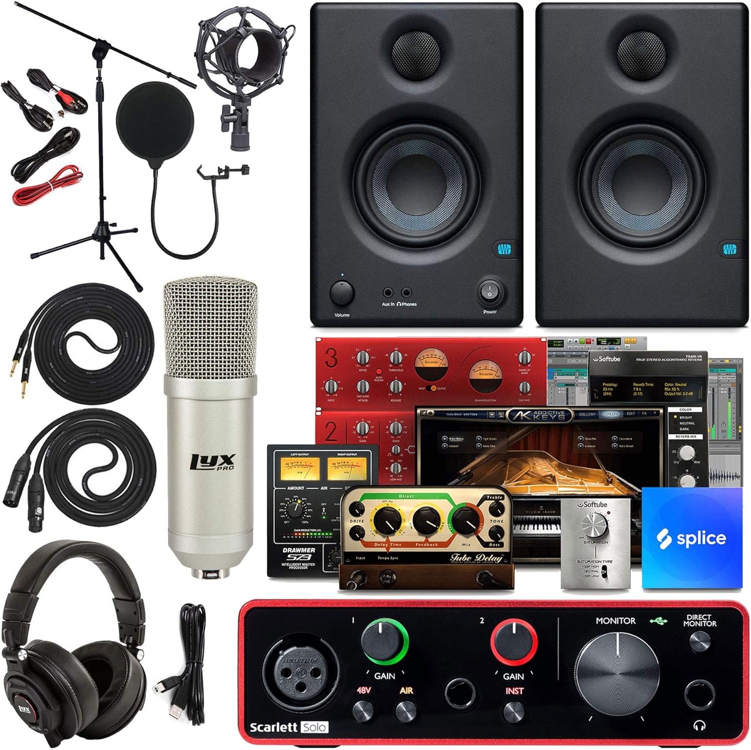 Focusrite Scarlett Solo 2×2 USB Audio Interface Full Studio Bundle with Creative Music Production Software Kit and Eris 4.5 Pair Studio Monitors and 1/4?? Instrument Cables