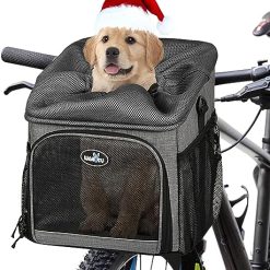 Dog Bike Basket Carrier, Pet Bicycle Front Carrier Backpack for Bike Riding Foldable Removable, Reflective Strips, 2 Side Storage Pockets, Pet Travel Bag for Cats Small Dogs