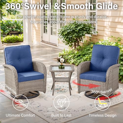 Patio Wicker Chairs Swivel Rocker – Outdoor Swivel Rocking Chairs Set of 2 with Rattan Side Table, Patio Swivel Glider Chair 3 Piece Patio Furniture Sets for Deck Porch Pool Brown/Blue - Image 56