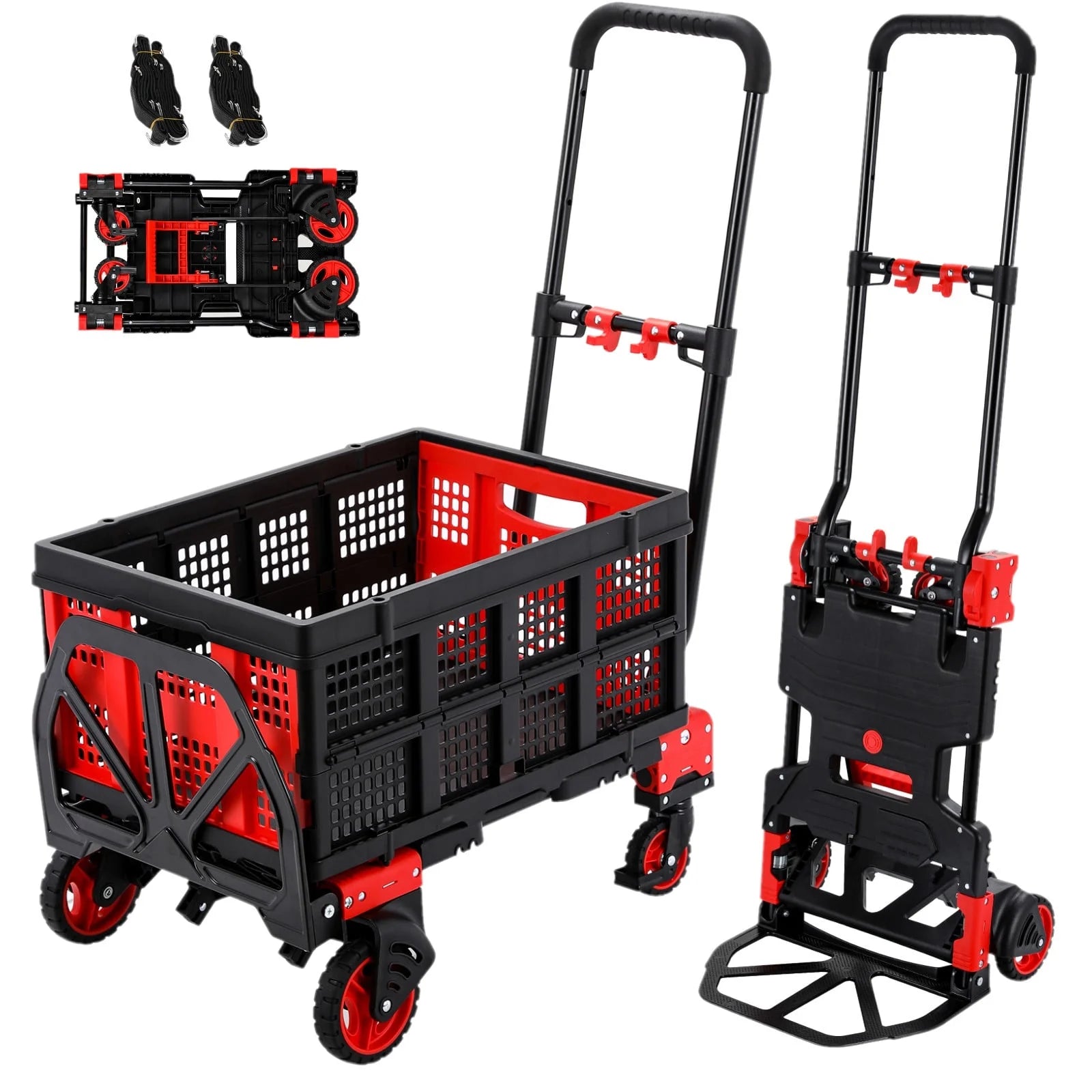 LAZY BUDDY Folding Hand Truck Dolly, 2-in-1 Heavy-duty Platform Cart with 22 Folding Basket, Collapsible Utility Luggage Dolly Cart, Red, 330LBS