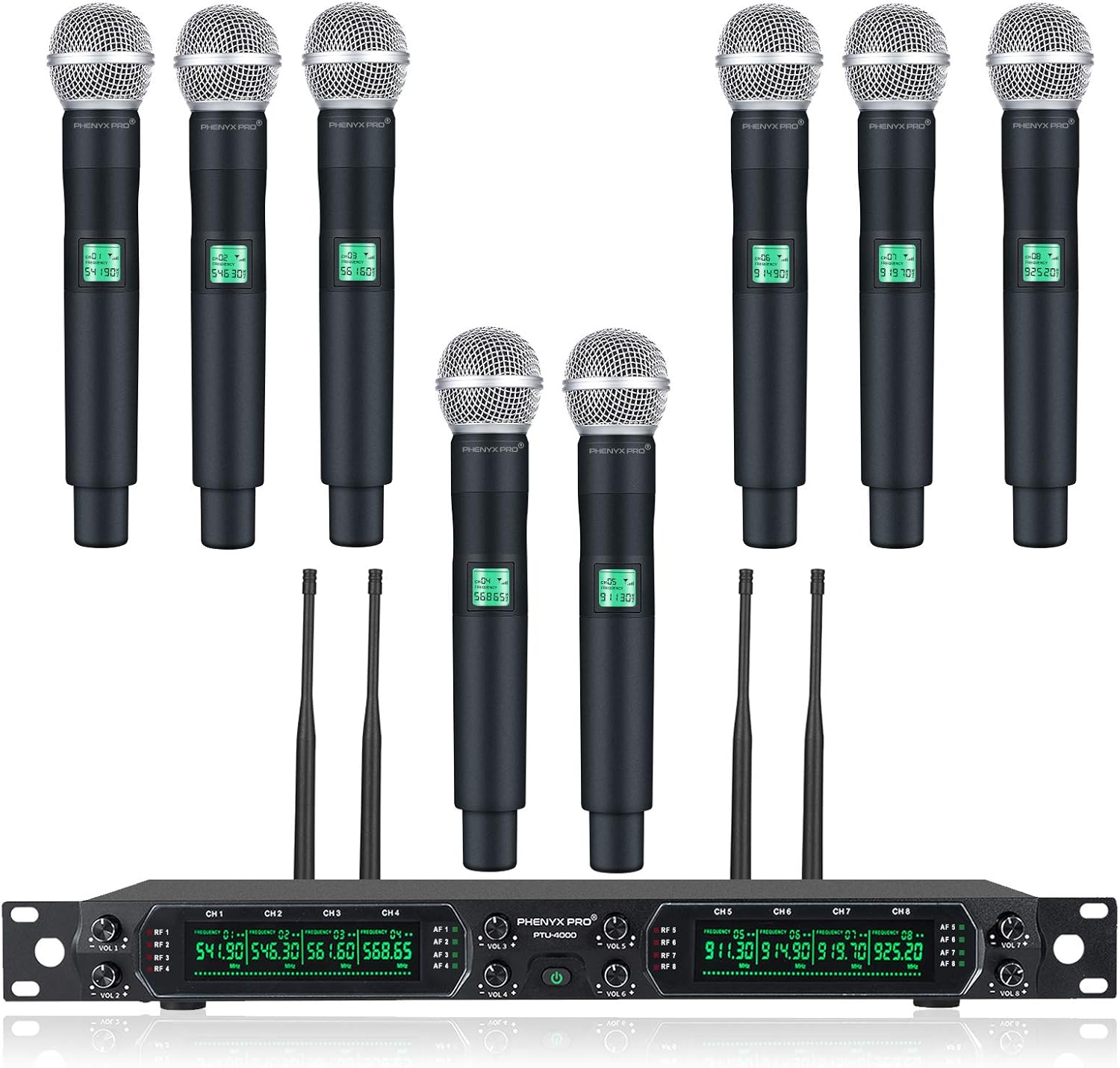 Wireless Microphone System, Phenyx Pro 8-Channel UHF Cordless Mic Set with Eight Handheld Mics, Fixed Frequency, All Metal Build, Long Range 260ft, Ideal for Karaoke,Church,Events (PTU-4000A)