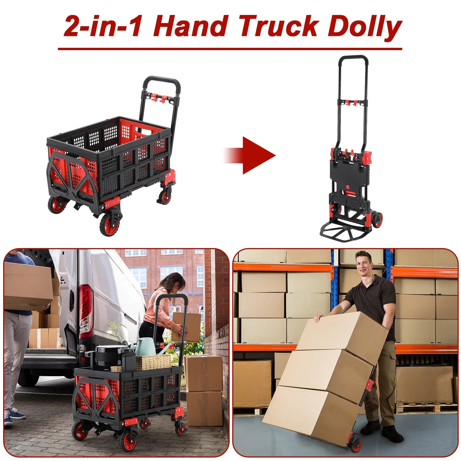 LAZY BUDDY Folding Hand Truck Dolly, 2-in-1 Heavy-duty Platform Cart with 22 Folding Basket, Collapsible Utility Luggage Dolly Cart, Red, 330LBS - Image 4