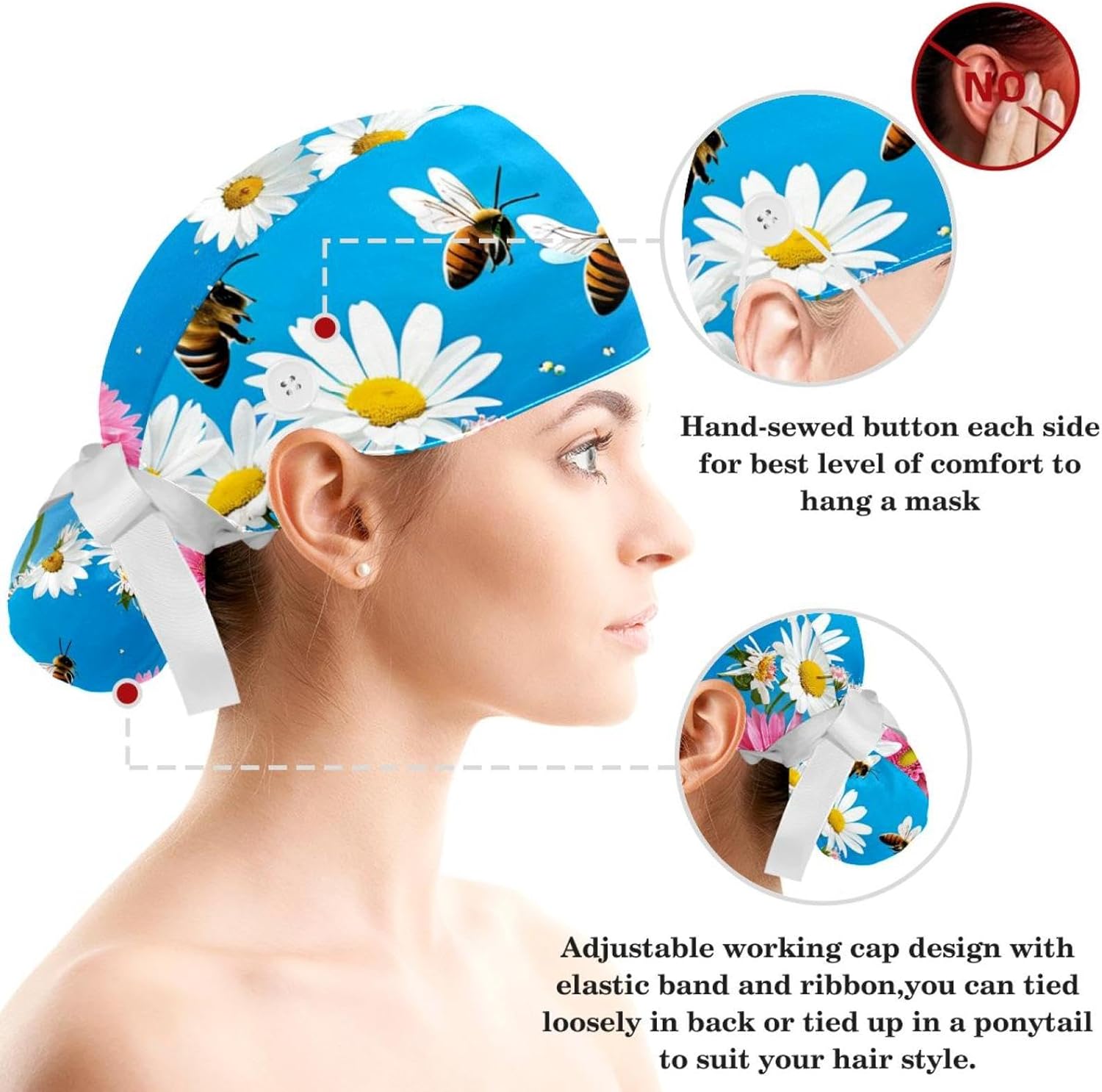 Scrub Surgical Hat,Cycling Hat with Buttons and Cotton Sweatband,Peach Blossom Spring Butterfly - Image 3