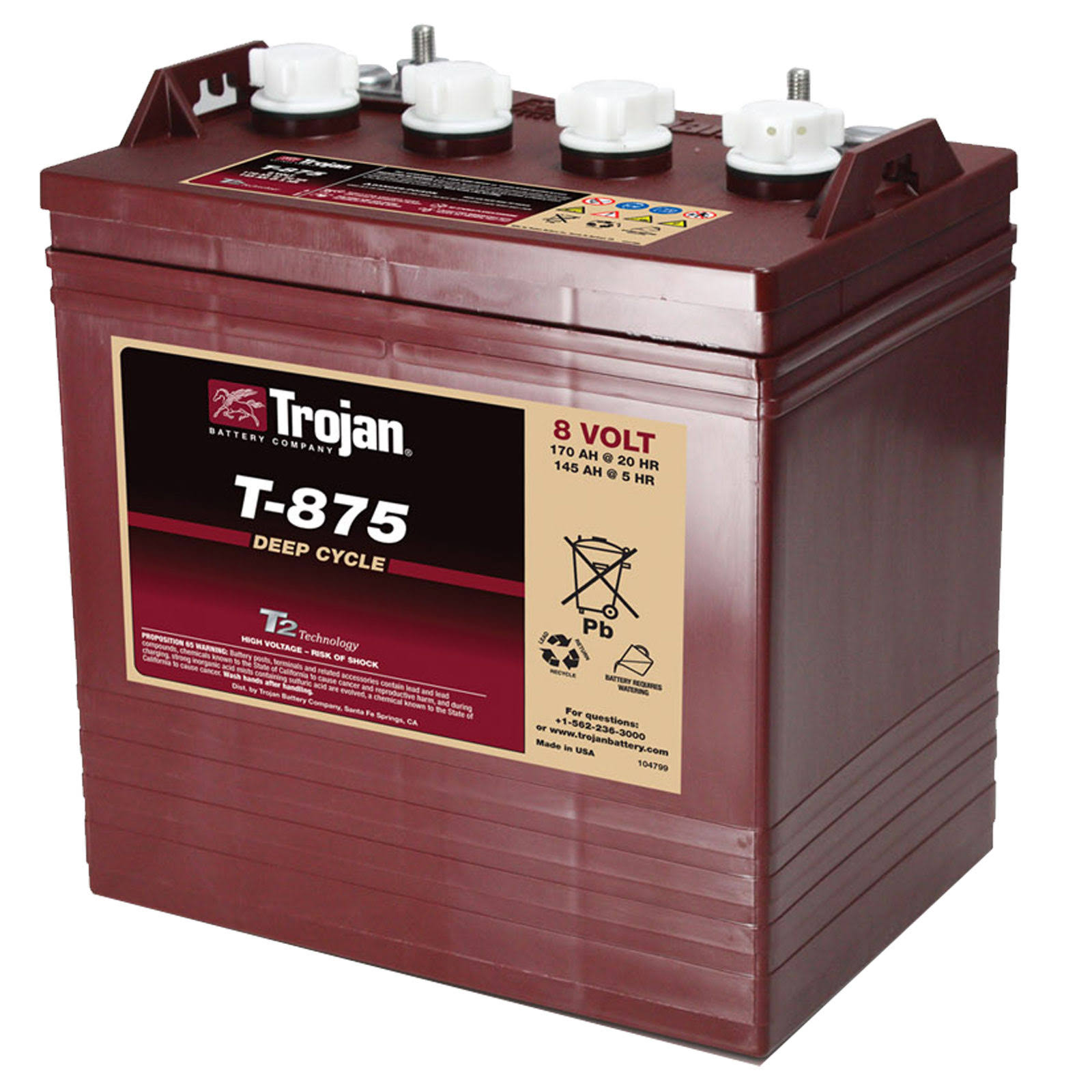Trojan T-875 GC8 8V 170Ah Deep Cycle Flooded Lead Acid Battery