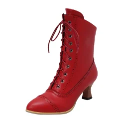 PMUYBHF Female Women Sandals and Slides Lace up British Boots Wine Glasses and Round Headed Solid Color Large Women’s Short Boots Red 38