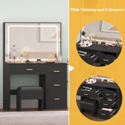 Alternative view of Dextrus Charcoal Black Makeup Vanity Table with Large Mirror and LED Lights – Stylish and Functional for Women Girls, Charcoal Black