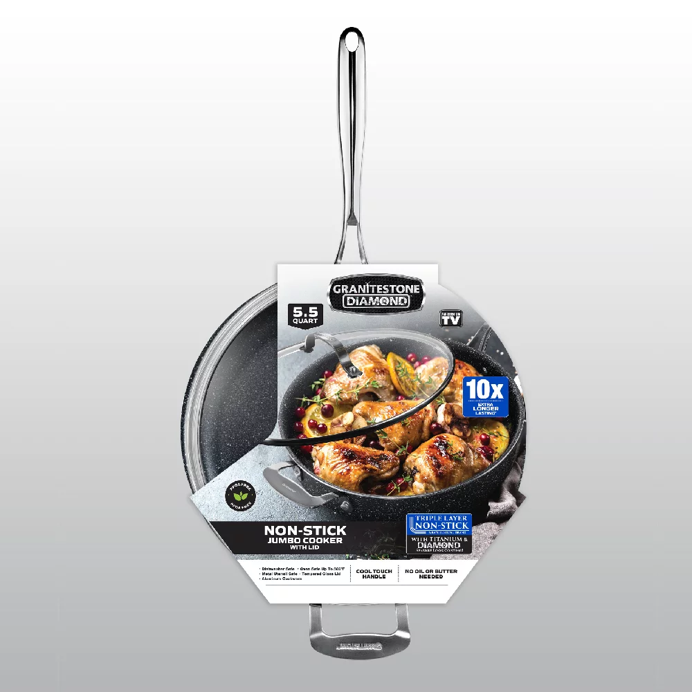 Granitestone Jumbo Cooker with Lid, Nonstick Triple Coated Surface, Family Sized Open Skillet with Stainless Steel Stay Cool & Helper Handle, Oven and Dishwasher Safe - Image 7