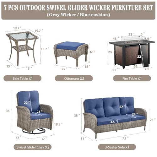 Patio Wicker Chairs Swivel Rocker – Outdoor Swivel Rocking Chairs Set of 2 with Rattan Side Table, Patio Swivel Glider Chair 3 Piece Patio Furniture Sets for Deck Porch Pool Brown/Blue - Image 55