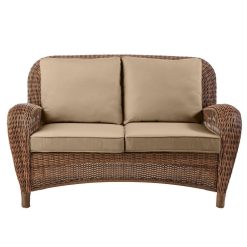 Hampton Bay Beacon Park Brown Wicker Outdoor Patio Loveseat with Standard Toffee Tan Cushions