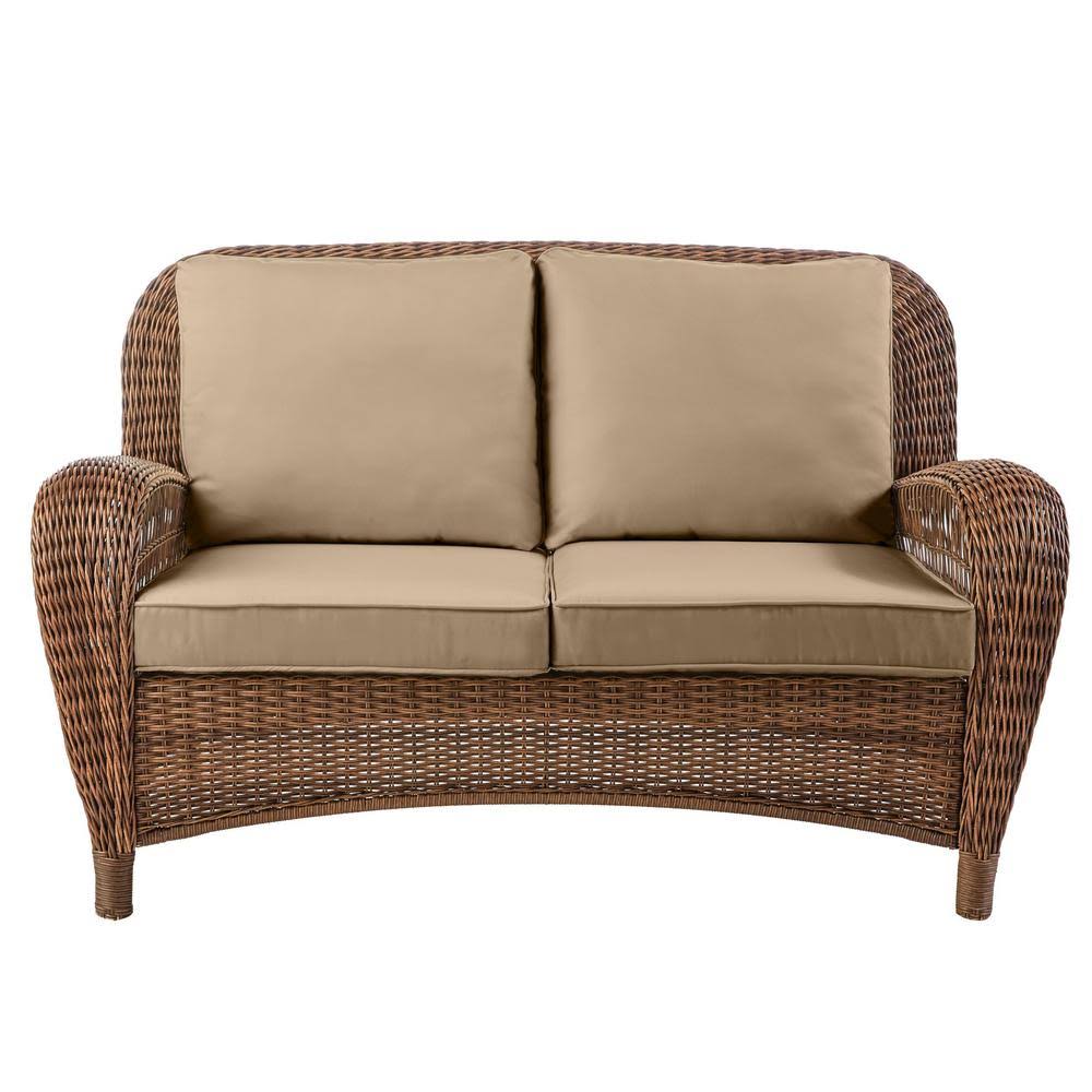 Hampton Bay Beacon Park Brown Wicker Outdoor Patio Loveseat with Standard Toffee Tan Cushions