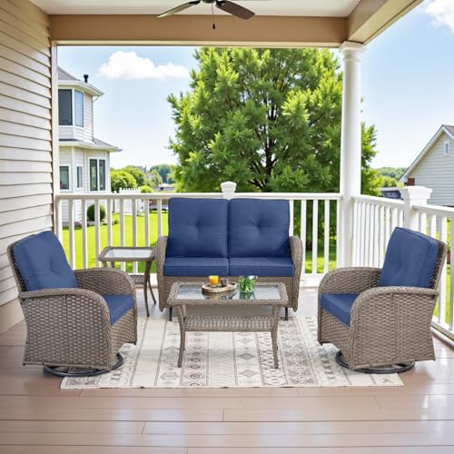 Patio Wicker Chairs Swivel Rocker – Outdoor Swivel Rocking Chairs Set of 2 with Rattan Side Table, Patio Swivel Glider Chair 3 Piece Patio Furniture Sets for Deck Porch Pool Brown/Blue - Image 141