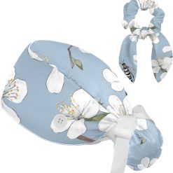Scrub Surgical Hat,Cycling Hat with Buttons and Cotton Sweatband,Bee and Spring Blossom