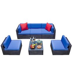 Alternative view of Devoko Patio Furniture Sets 6 Pieces Outdoor Sectional Rattan Sofa Manual Weaving Wicker Patio Conversation Set with Glass Table and Cushion (Beige)