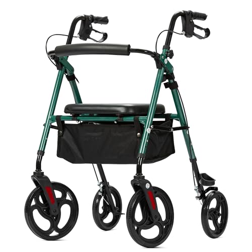 ELENKER Rollator Walker with 10?? Wheels, Sponge Padded Seat and Backrest, Fully Adjustment Frame for Seniors, Green