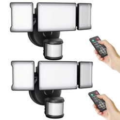 75W Motion Sensor Security Lights with Remote Control,3 Heads Motion Detection Outdoor Lights 6500K IP65,7500LM Flood Lights Dusk to Dawn Motion Sensor Lights for Yard Garage Porch Wall 2PCS