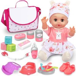 Baby Doll Toys Set, 14 Doll Toys, 25Pcs Dolls Care Toy Playset, Toddlers Toy Doll Set Incl Cradle Crib, High Chair, Milk Bottle, Pacifier, Diaper, Baby Gift for Age 3 4 5 6+ Years Old Girls Boys