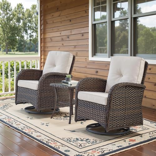 Patio Wicker Chairs Swivel Rocker – Outdoor Swivel Rocking Chairs Set of 2 with Rattan Side Table, Patio Swivel Glider Chair 3 Piece Patio Furniture Sets for Deck Porch Pool Brown/Blue - Image 112