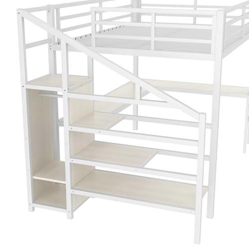 SOFTSEA Queen Size Metal Loft Bed with L-Shaped Desk and Wardrobe, Metal Bed Frame with USB and Adjustable Shelf, High Loft Bed with LED for Bedroom, No Box Spring Needed, White Wood Grain - Image 7