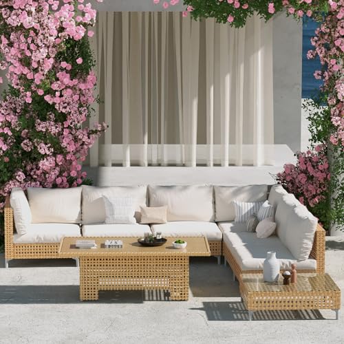 Grand patio 7-Piece Wicker Patio Furniture Set, Boho Outdoor Conversation Set Sectional Sofa with Water Resistant Thick Cushions and Coffee Table, Cream - Image 15