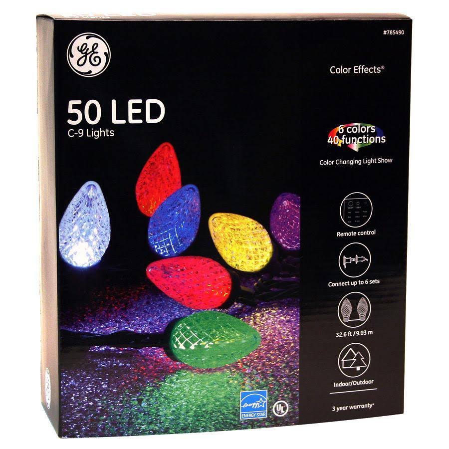 GE Color Effects 50-Count 32.67-ft Multi-Function Color Changing C9 LED Plug-In Indoor/Outdoor Christmas String Lights Energy St