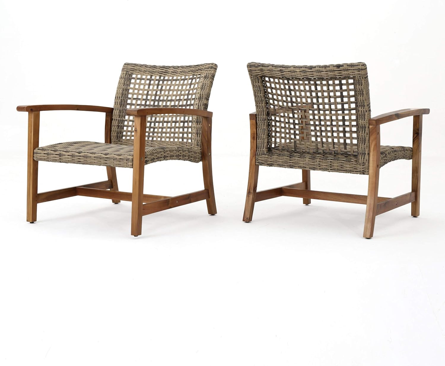 Christopher Knight Home Hampton Outdoor Mid-Century Wicker Club Chairs with Acacia Wood Frame, 2-Pcs Set, Natural Stained / Grey - Image 3
