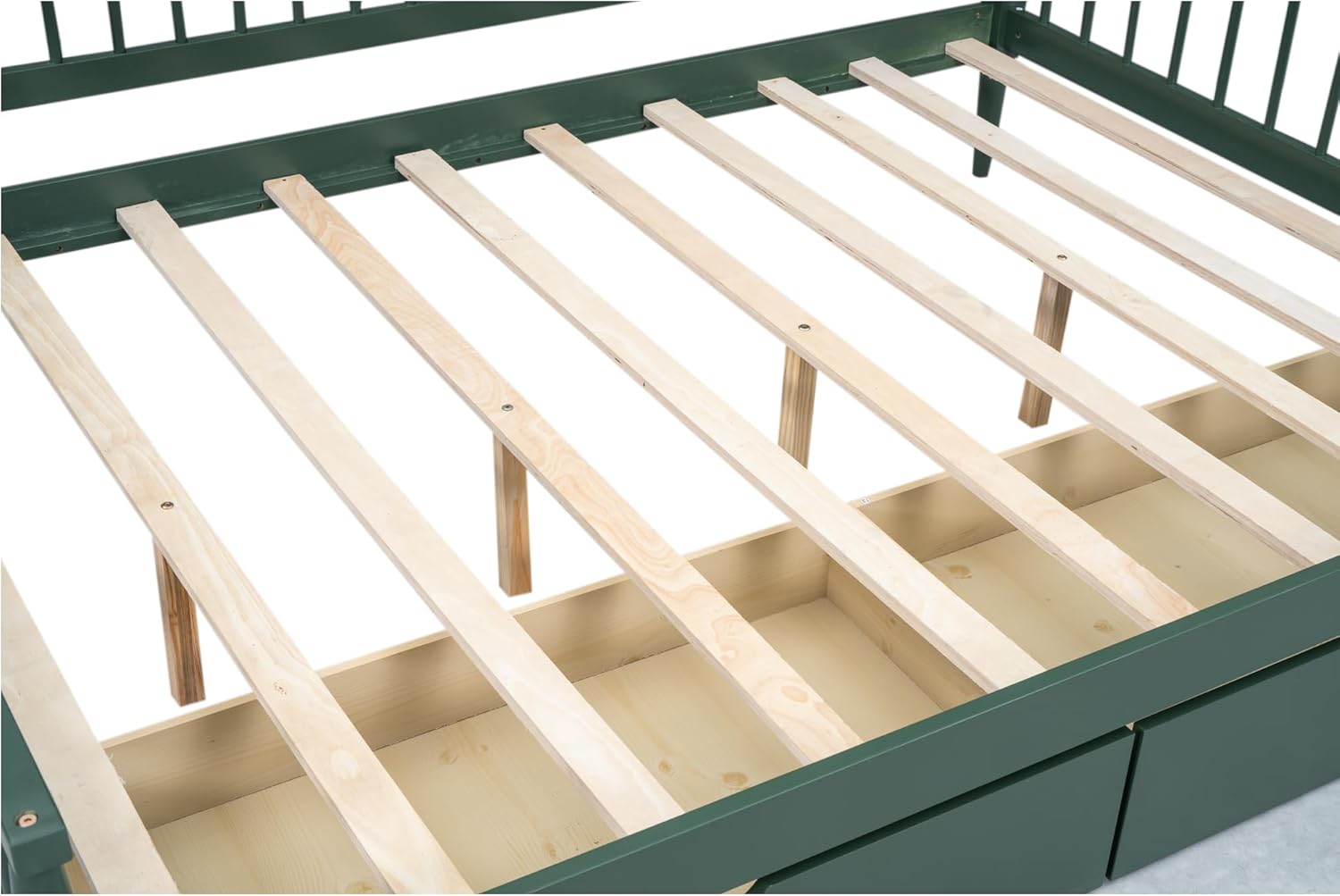 Full Size Wooden Daybed with 2 Storage Drawers and Wood Support Legs, Multi-Functional Full Day Bed wtih Rails on 3 Sides for Bedroom, Living Room and Guestroom, Green - Image 9