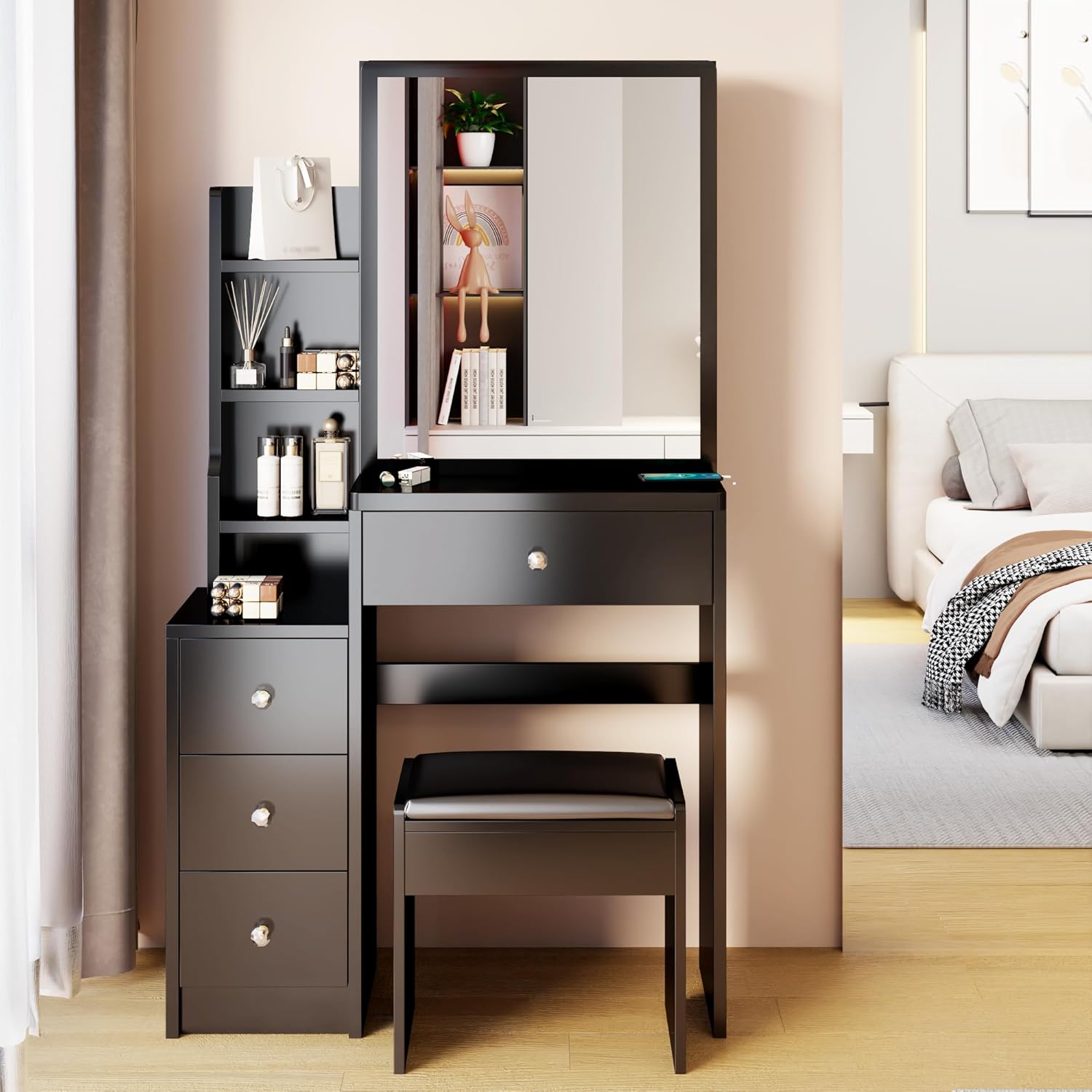 CIATRE Small Space Left Bedside Cabinet Vanity Table + Cushioned Stool, Extra Large Right sliding mirror, Multi Layer High Capacity Storage, Practical Fashionable Dresser, Black - Image 2