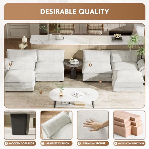 YESHOMY Sectional Modular Sofa U Shaped Chenille Fabric Couch with High Supportive & Soft Sponges and Removable Ottoman, Sleeper Comfy Upholstered Furniture for Living Room, Grey - Image 8