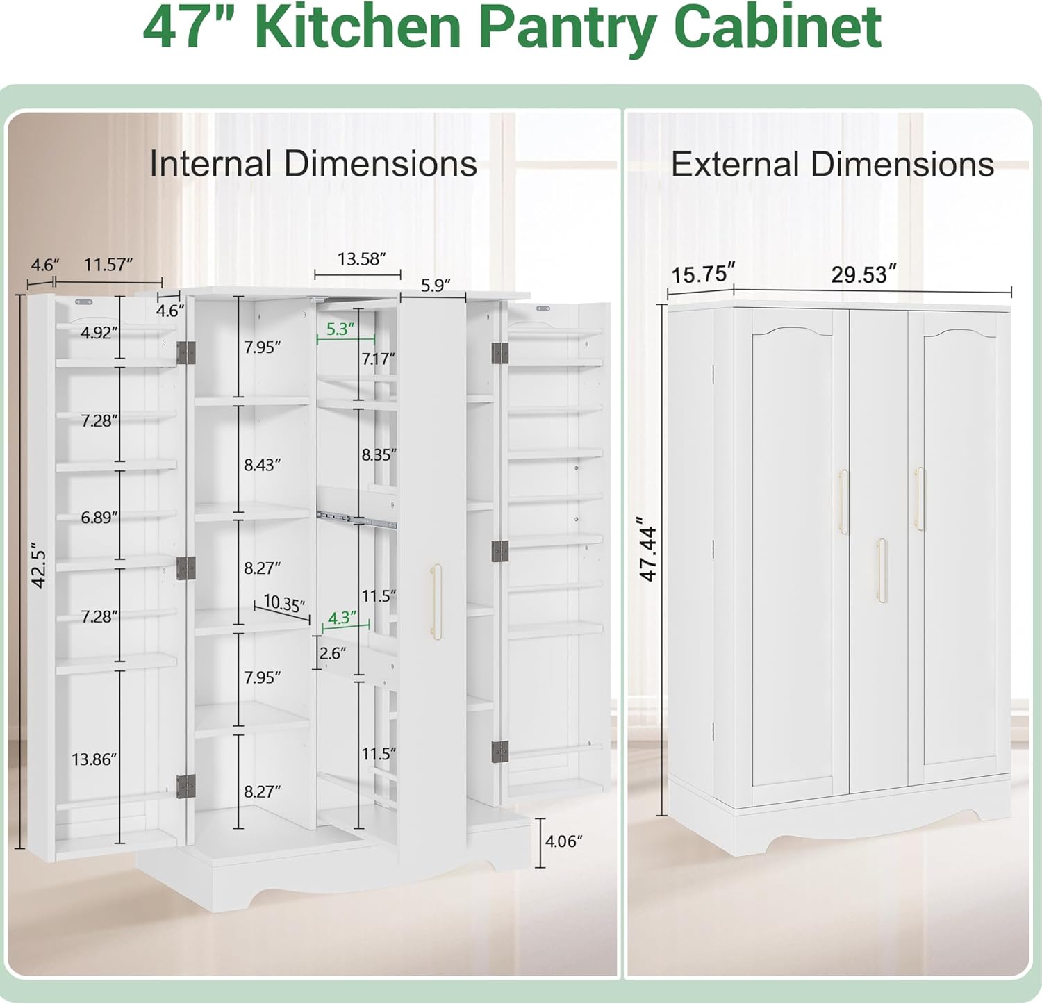 47?? Kitchen Pantry Cabinet with Drawer, Pantry Storage Cabinet with Adjustable Shelves, White Kitchen Pantry Storage Cabinet, Buffet Cupboards Sideboard for Home Office Use - Image 2