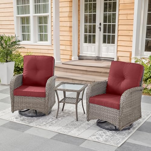 Patio Wicker Chairs Swivel Rocker – Outdoor Swivel Rocking Chairs Set of 2 with Rattan Side Table, Patio Swivel Glider Chair 3 Piece Patio Furniture Sets for Deck Porch Pool Brown/Blue - Image 199
