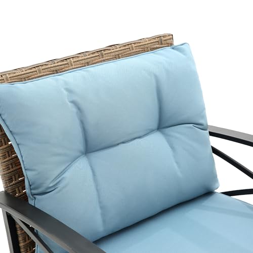 Outdoor Wicker Rocking Chairs Patio – 3 Pieces Patio Furniture Rattan Rocker Chairs Wicker Rocking Bistro Set with Cushions and Side Table for Garden Patio Yard Porch Lawn Balcony (Blue) - Image 4