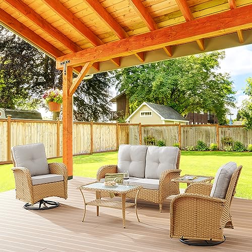 Patio Wicker Chairs Swivel Rocker – Outdoor Swivel Rocking Chairs Set of 2 with Rattan Side Table, Patio Swivel Glider Chair 3 Piece Patio Furniture Sets for Deck Porch Pool Brown/Blue - Image 187