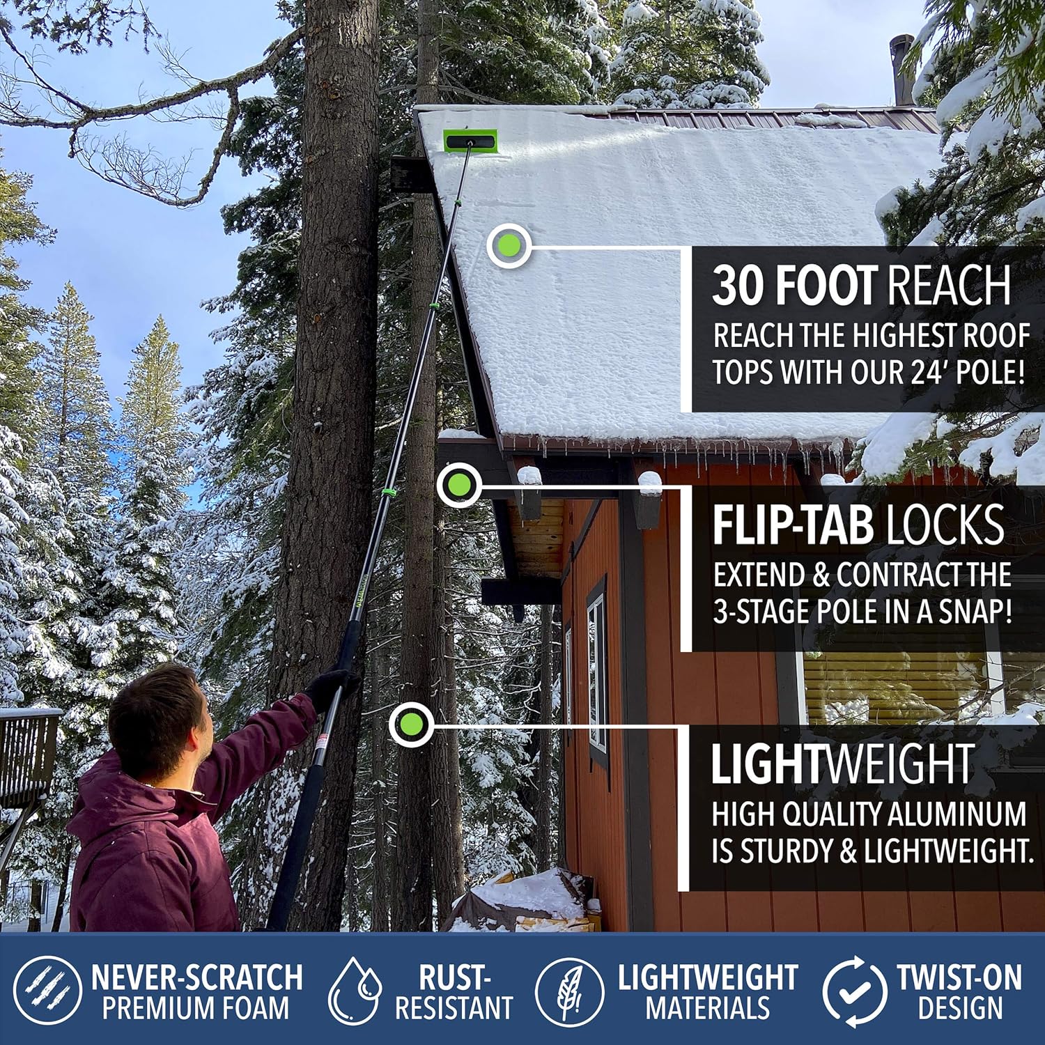EVERSPROUT Never-Scratch SnowBuster 7-to-24 Foot (Up to 30 Ft Standing Reach) | Pre-Assembled Extendable Roof Rake for Snow Removal | Heavy-Duty Aluminum, Soft Foam Pad | Exclusive Push/Pull Design - Image 2