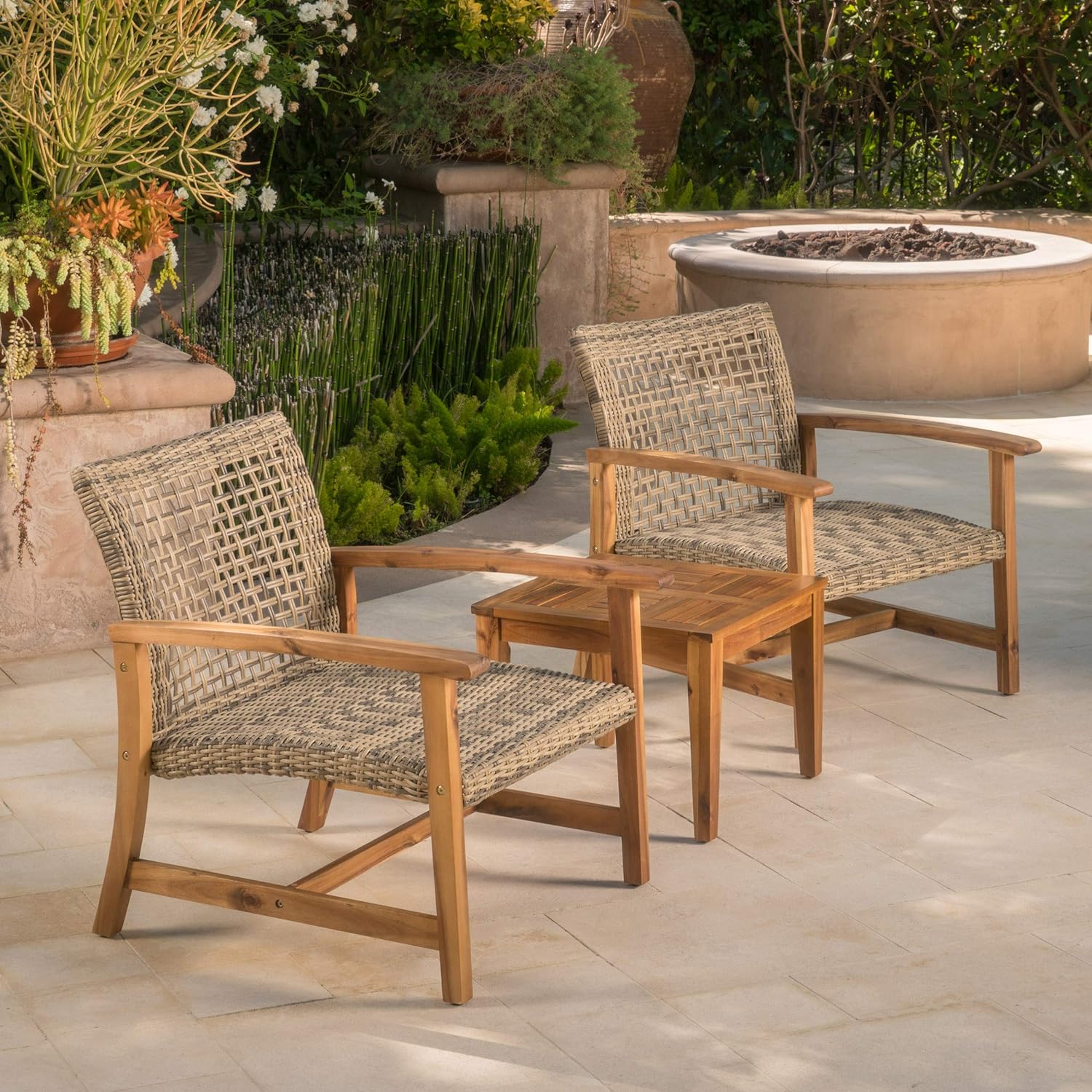 Christopher Knight Home Hampton Outdoor Mid-Century Wicker Club Chairs with Acacia Wood Frame, 2-Pcs Set, Natural Stained / Grey - Image 2