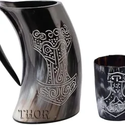 Medieval Handmade Authentic Viking Thor Drinking Horn Mug- For Hand Engraved Shot Drink Cup – Food Safe Beer Horns Rustic Vintage Home Decor Gifts