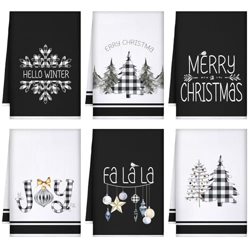 Geyoga 6 Pcs Merry Christmas Kitchen Towels Buffalo Plaid Xmas Tree Dish Towels Hand Towel Tea Towel Absorbent Soft Drying Cloth for Holiday Housewarming Gifts, 16×24 Inch(Gray White)