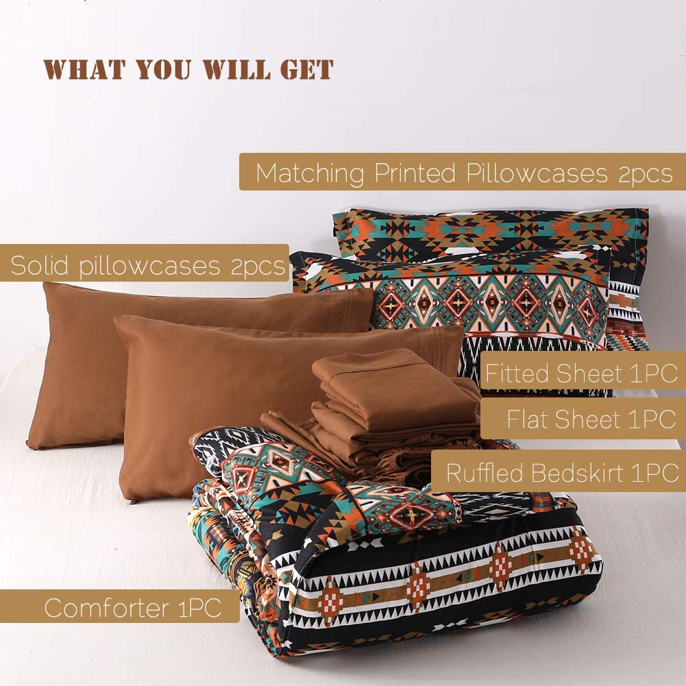 SexyTown Boho Comforter Set Queen Bed in A Bag 8 Piece Deep Pocket with Bed Skirt,Bohemian Tribal Southwestern Bedding Down Comforter(1 Comforter,4 Pillow Cases,Flat Sheet,Fitted Sheet,1 Bed Skirt) - Image 8