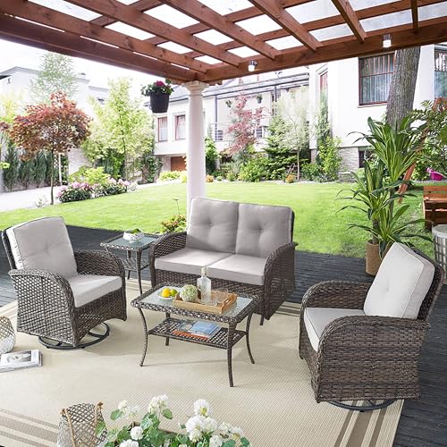 Patio Wicker Chairs Swivel Rocker – Outdoor Swivel Rocking Chairs Set of 2 with Rattan Side Table, Patio Swivel Glider Chair 3 Piece Patio Furniture Sets for Deck Porch Pool Brown/Blue - Image 203