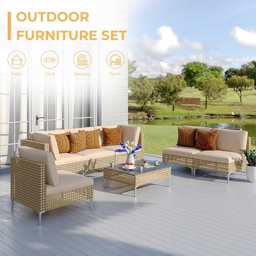 Grand patio 7-Piece Wicker Patio Furniture Set, Boho Outdoor Conversation Set Sectional Sofa with Water Resistant Thick Cushions and Coffee Table, Cream - Image 53