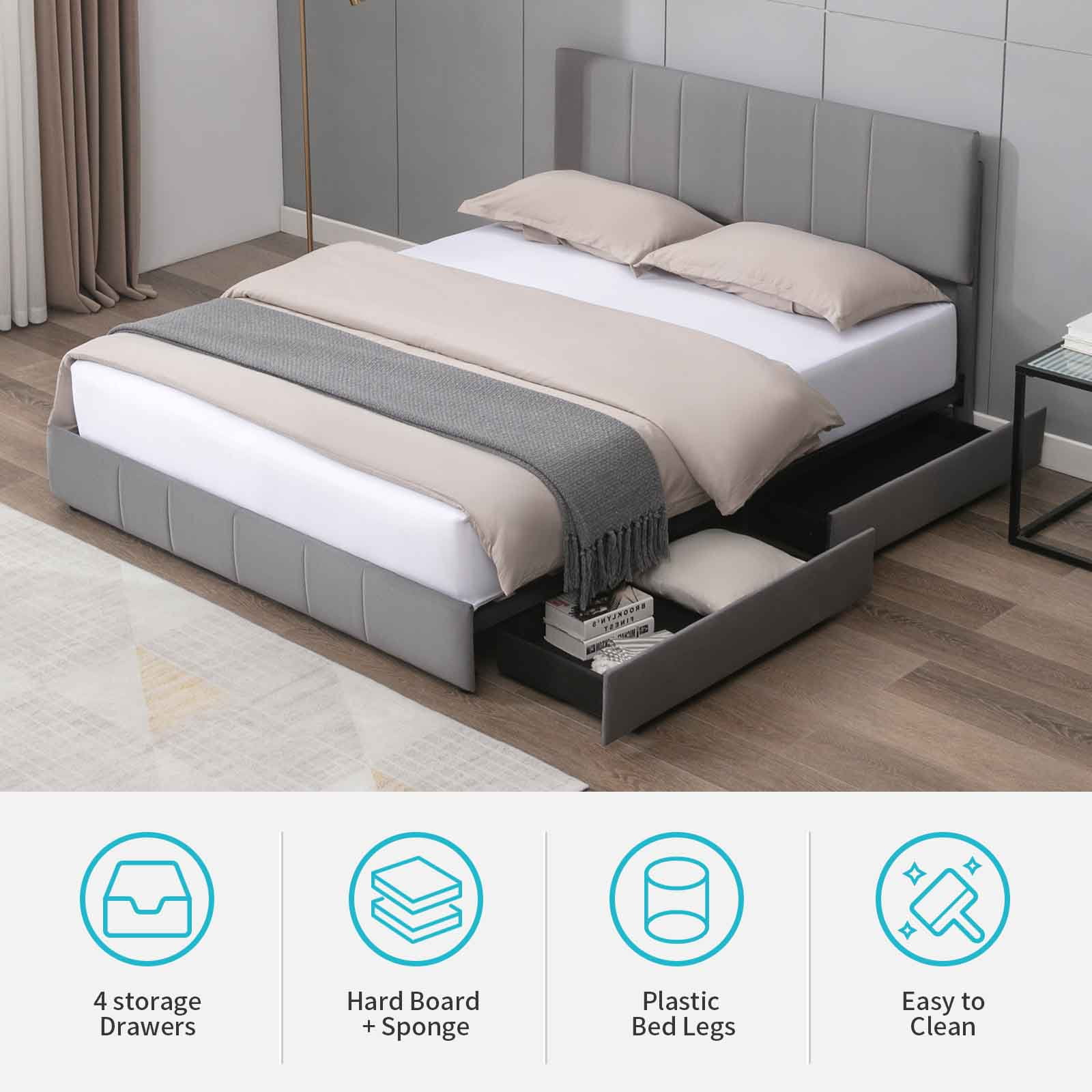 CECER King Size Bed Frame with 4 Storage Drawers, Platform Bed Frame Velvet Upholstered Adjustable Headboard, Solid Metal & Wood Frame Easy Assembly Dark Grey - Image 6