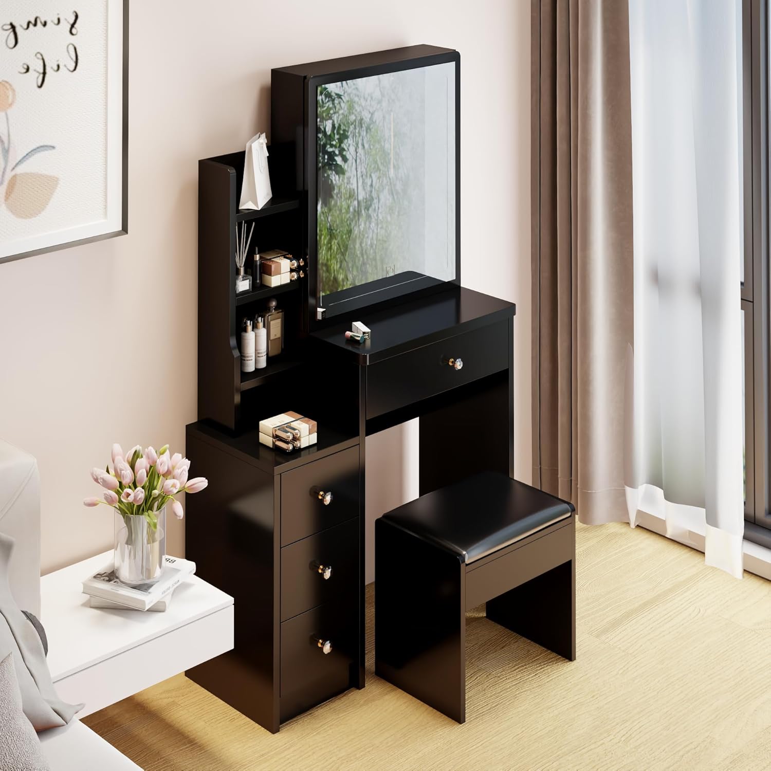 CIATRE Small Space Left Bedside Cabinet Vanity Table + Cushioned Stool, Extra Large Right sliding mirror, Multi Layer High Capacity Storage, Practical Fashionable Dresser, Black - Image 6