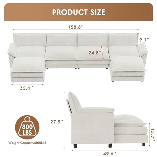 YESHOMY Sectional Modular Sofa U Shaped Chenille Fabric Couch with High Supportive & Soft Sponges and Removable Ottoman, Sleeper Comfy Upholstered Furniture for Living Room, Grey - Image 3