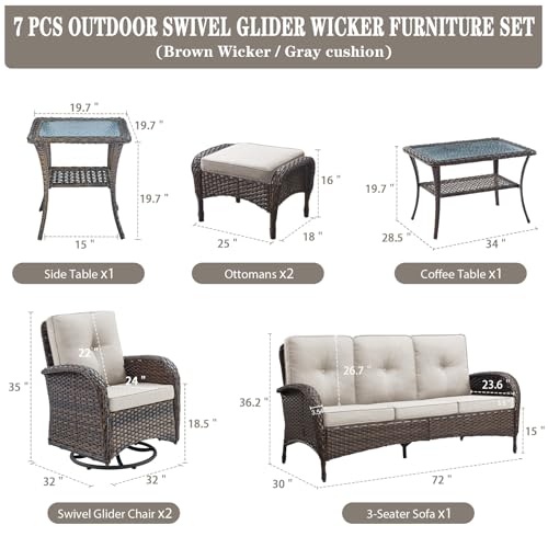 Patio Wicker Chairs Swivel Rocker – Outdoor Swivel Rocking Chairs Set of 2 with Rattan Side Table, Patio Swivel Glider Chair 3 Piece Patio Furniture Sets for Deck Porch Pool Brown/Blue - Image 164