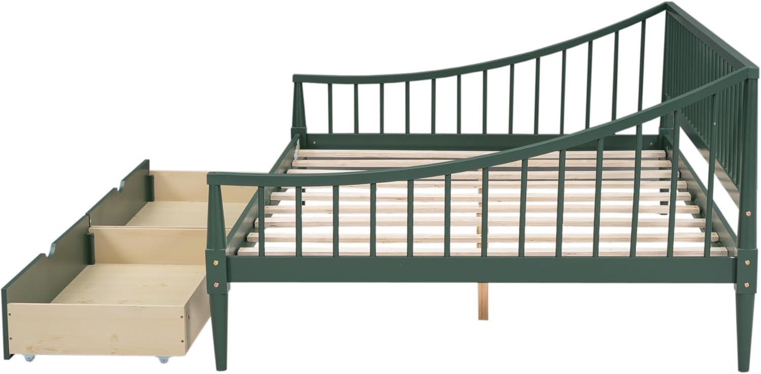 Full Size Wooden Daybed with 2 Storage Drawers and Wood Support Legs, Multi-Functional Full Day Bed wtih Rails on 3 Sides for Bedroom, Living Room and Guestroom, Green - Image 7