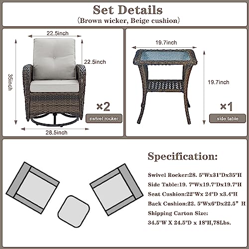 Patio Wicker Chairs Swivel Rocker – Outdoor Swivel Rocking Chairs Set of 2 with Rattan Side Table, Patio Swivel Glider Chair 3 Piece Patio Furniture Sets for Deck Porch Pool Brown/Blue - Image 114