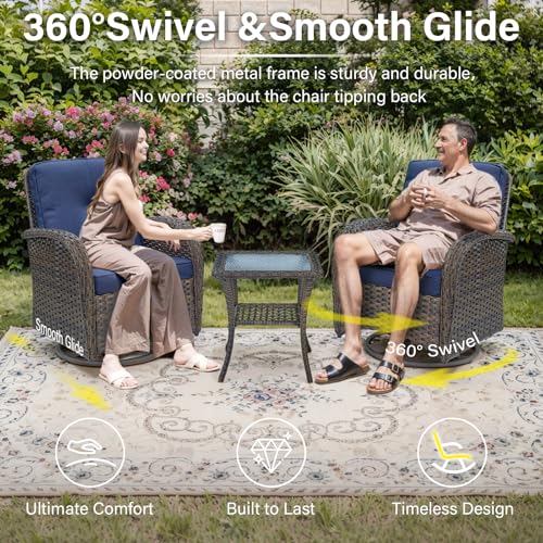 Patio Wicker Chairs Swivel Rocker – Outdoor Swivel Rocking Chairs Set of 2 with Rattan Side Table, Patio Swivel Glider Chair 3 Piece Patio Furniture Sets for Deck Porch Pool Brown/Blue - Image 86