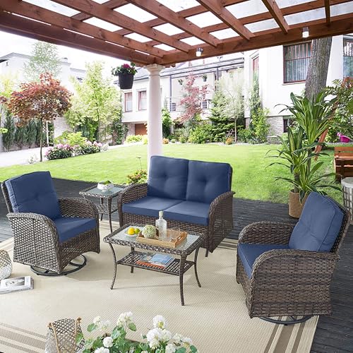 Patio Wicker Chairs Swivel Rocker – Outdoor Swivel Rocking Chairs Set of 2 with Rattan Side Table, Patio Swivel Glider Chair 3 Piece Patio Furniture Sets for Deck Porch Pool Brown/Blue - Image 182